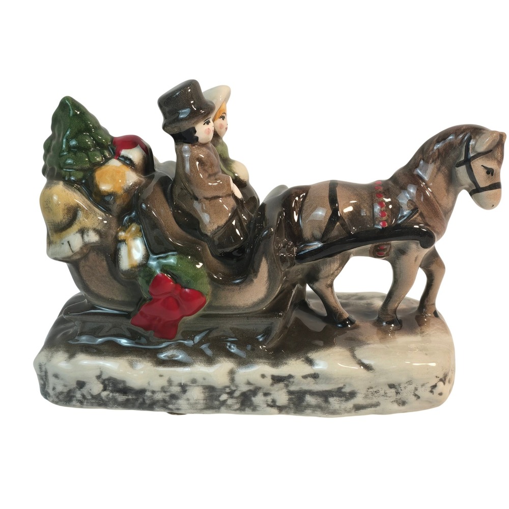 Vintage 1983 Ceramic Horse Drawn Sleigh Christmas Figurine Winter Scene Decor